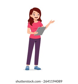 Happy Young Woman Holding Tablet Presenting with Hand in Cartoon Illustration Style