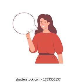 Happy young woman holds a blank speech bubble in the hand. Presentation concept. Human character vector illustration.