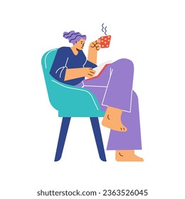 Happy young woman with a hot cup of tea sits in a chair and reads. Concept of JOMO lifestyle. Vector flat positive character on white. Joy of missing out, personal comfort, enjoying present tense