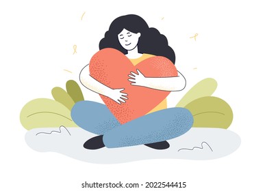 Happy young woman hugging big heart. Smiling cartoon character, peace of mind and body flat vector illustration. Mental health, love, charity concept for banner, website design or landing web page