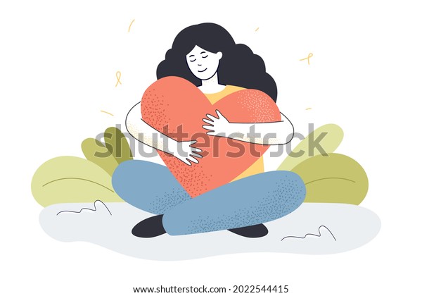 Happy Young Woman Hugging Big Heart Stock Vector (Royalty Free ...