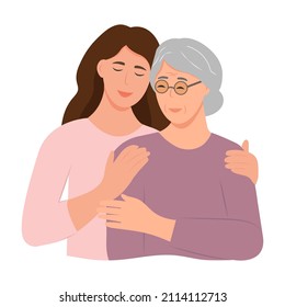 Happy Young woman hugging her old mother with love. Mother and daughter.Portrait of young woman hugging her grandma. Friendly family relationship. vector flat illustration 