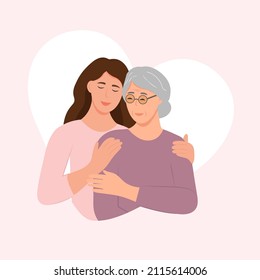 Joven feliz abrazando a su vieja madre con amor. Madre e hija. Día de la madre. Retrato de una joven abrazando a su abuela. Relación familiar amistosa. ilustración plana vectorial 