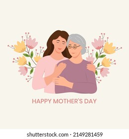 Happy Young woman hugging her old mother with love. Mother and daughter. Mothers day .Portrait of young woman hugging her grandma. Friendly family relationship. vector flat illustration 