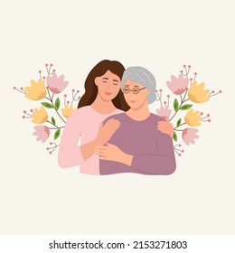 Happy Young woman hugging her old mother with love. Mother and daughter. Mothers day .Portrait of young woman hugging her grandma. Friendly family relationship. vector flat illustration 