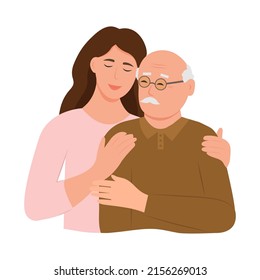 Happy Young woman hugging her old father with love. Father and daughter. Father's day .Portrait of young woman hugging her grandpa. Friendly family relationship. vector flat illustration 