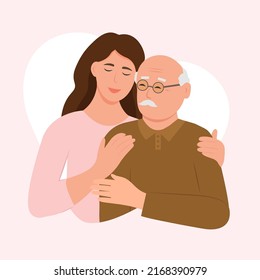 Happy Young woman hugging her old father with love. Father and daughter. Father's day .Portrait of young woman hugging her grandpa. Friendly family relationship. vector flat illustration 