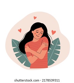 Happy young woman hugging herself with enjoying emotions isolated. Vector flat cartoon illustration