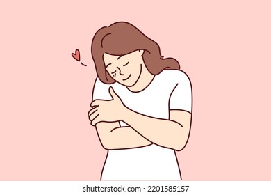 Una joven feliz abrazándose a sí misma muestra amor propio y cuidado. La chica sonriente adopta el cuerpo sintiéndose segura y el cuerpo positivo. Ilustración vectorial. 