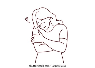 Happy young woman hugging herself show self-love and care. Smiling girl embrace body feeling secure and body positive. Vector illustration. 