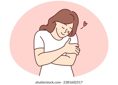 Happy young woman hugging herself show self-love and care. Smiling girl embrace body feeling secure and body positive. Vector illustration.