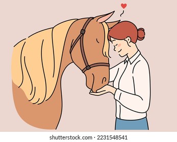 Happy young woman hugging horse. Smiling girl cuddle embrace animal on farm show love and care. Vector illustration. 