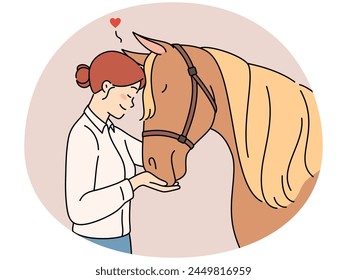 Happy young woman hugging horse. Smiling girl cuddle embrace animal on farm show love and care. Vector illustration.