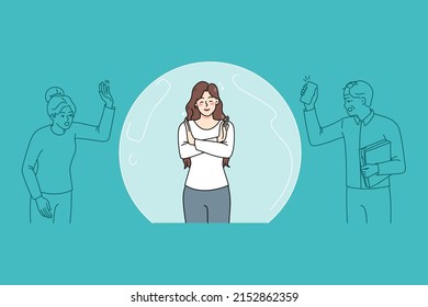 Happy young woman inside bubble ignore angry people arguing. Smiling girl separated from crowd or society. Social isolation and distraction concept. Flat vector illustration. 