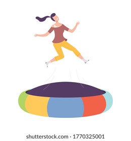 Happy Young Woman Jumpig on Inflatable Trampoline, Active Healthy Lifestyle Flat Style Vector Illustration