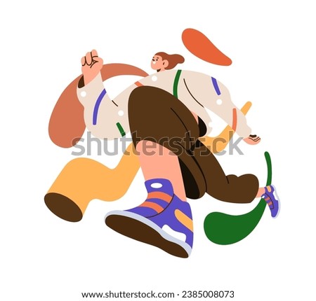 Happy young woman jumping with joy, fun. Active energetic excited girl. Freedom, energy, enthusiasm, success and inspiration concept. Flat graphic vector illustration isolated on white background
