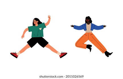 Happy Young Woman Jumping with Raised Hands Vector Set