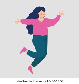 Happy young woman jumping with raised hands on an isolated background. smiling Girl running with joy. Concept of success, mental health wellbeing, healthy lifestyle and workout. Vector stock