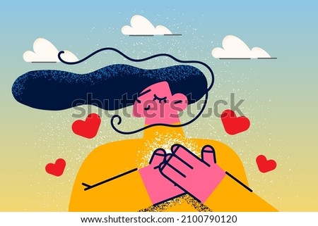 Happy young woman keep hands at heart chest feel grateful and thankful. Smiling girl show gratitude and kindness. Charity and volunteer work concept. Love and care share. Vector illustration. 