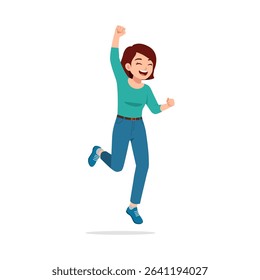 Happy Young Woman Leaping with Joy and One Arm Raised with Smiling Expression in a Vector Art