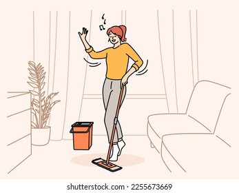 Happy young woman listen to music cleaning home on weekend. Smiling girl enjoy good quality sound relax doing housework in apartment. Vector illustration. 