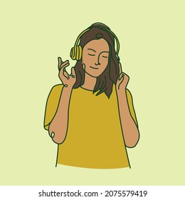 Happy young woman listening to music. Line art style vector illustration suitable for wellness or mental health content