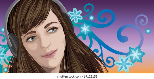 A happy young woman listening to music on headphones. Conceptual background with sky and flowers.