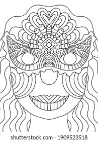 Happy young woman with long hair and venetian mask portrait stock vector illustration. Funny Mardi Gras carnival queen coloring page for kids and adults. Traditional cultural festival coloring page