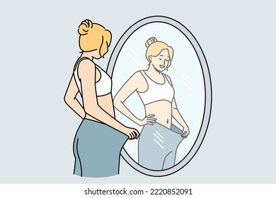 Happy young woman look in mirror see loose big trousers lose weight with sport and diet. Smiling satisfied girl weightloss journey. Vector illustration. 