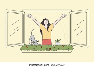 Happy young woman look out of window meet welcome new day breathe fresh air. Smiling millennial girl stretching in morning enjoy sunny weekend at home. Flat vector illustration. Thin line art sketch.