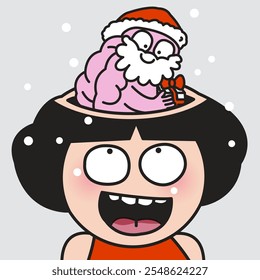 Jovem Feliz Olhando Para Seu Cérebro De Papai Noel. Ilustração do personagem do desenho animado do conceito de Natal