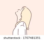 happy young woman looking up. Hand drawn style vector design illustrations.