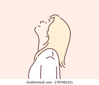 Happy Young Woman Looking Up. Hand Drawn Style Vector Design Illustrations.