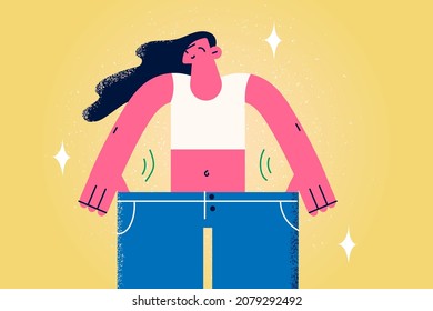 Happy young woman in loose fitting trousers show results of diet and sport active lifestyle. Smiling slim toned girl lose weight follow healthy life. Wellness concept. Flat vector illustration. 