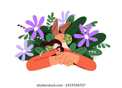 Happy young woman lying among spring flowers. Girl relaxing in summer blossomed nature with gentle field blooms. Female and garden plants. Flat vector illustration isolated on white background