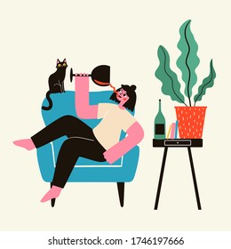 Happy young woman lying on blue armchair with glass of red wine. Shocked black cat, big plant, books and wine bottle on table. Trendy domestic life vector illustration, wine lover print design