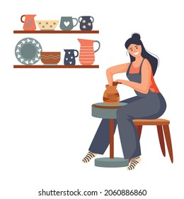 A happy young woman making a ceramic pot on the pottery wheel in the workshop. Vector illustration