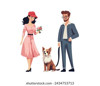 Happy young woman and man with dog, vector illustration