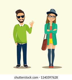 Happy young woman and man hipsters. Vector flat style illustration