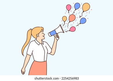 Happy young woman with megaphone announce promotion or sale. Smiling female with loudspeaker share news about event or celebration. Vector illustration. 