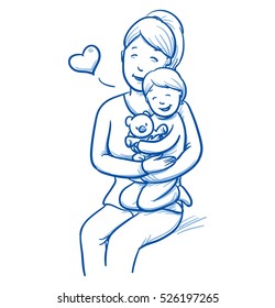 Happy young woman, mother in casual clothes cuddling and hugging her toddler. Hand drawn line art cartoon vector illustration.