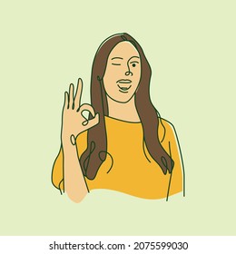 Happy young woman with OK hand gesture. Line art style vector illustration suitable for wellness or mental health content