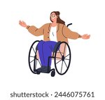 Happy young woman on wheelchair. Smiling joyful character with physical disability, sitting in wheel chair. Excited cheerful positive girl. Flat vector illustration isolated on white background