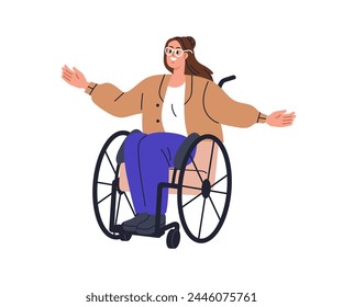 Happy young woman on wheelchair. Smiling joyful character with physical disability, sitting in wheel chair. Excited cheerful positive girl. Flat vector illustration isolated on white background