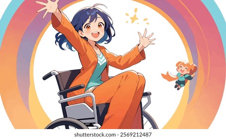 Happy young woman on wheelchair. Smiling joyful character with physical disability, sitting in wheel chair. Excited cheerful positive girl. Flat vector illustration isolated on white background