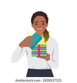 Happy young woman opening a present box with light coming out. Flat vector illustration isolated on white background