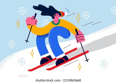 Happy young woman in outerwear have fun skiing in mountain resort. Smiling girl relax on winter holidays sliding down hill. Active vacation and entertainment concept. Vector illustration. 