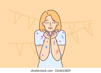 Happy young woman with party accessories celebrating birthday. Smiling girl have fun on anniversary celebration with decorations. Vector illustration. 