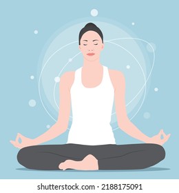 Happy young woman with peace of mind meditating. Mental health care concept vector illustration.