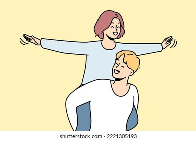 Happy Young Woman Piggyback Smiling Man Have Fun Together. Loving Guy Carrying On Shoulders Excited Girl. Love And Relationships. Vector Illustration. 